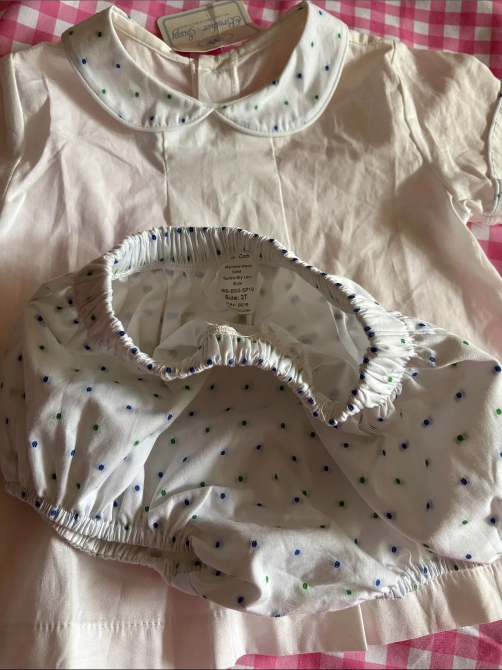 Brother & Sissy 3T White Two-Piece Set with Blue & Green Dot Trim and bloomers.